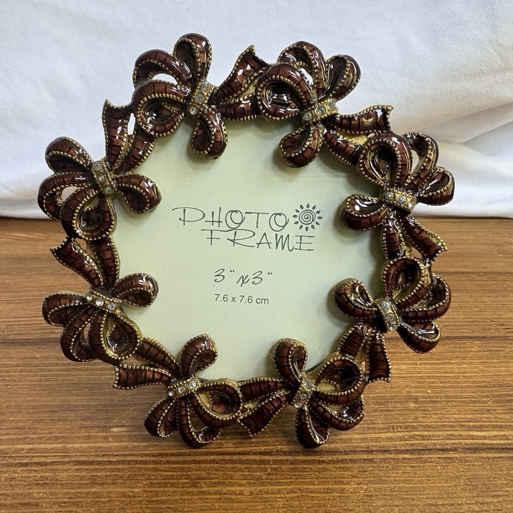 Pebbles Burgundy Ribbon Bow Rhinestone 3x3 Picture Frame Gold Tone Tabletop